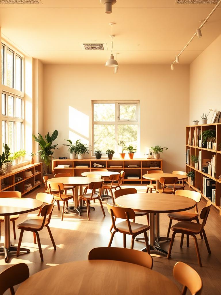 Sunlit, welcoming classroom with wooden tables and plants